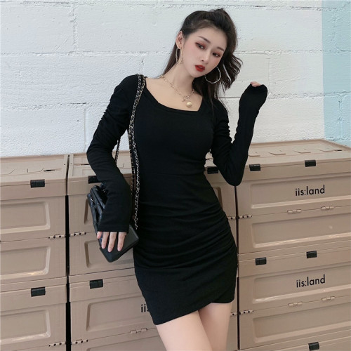 Real time style square neck tight buttock long sleeve with bottom dress real price