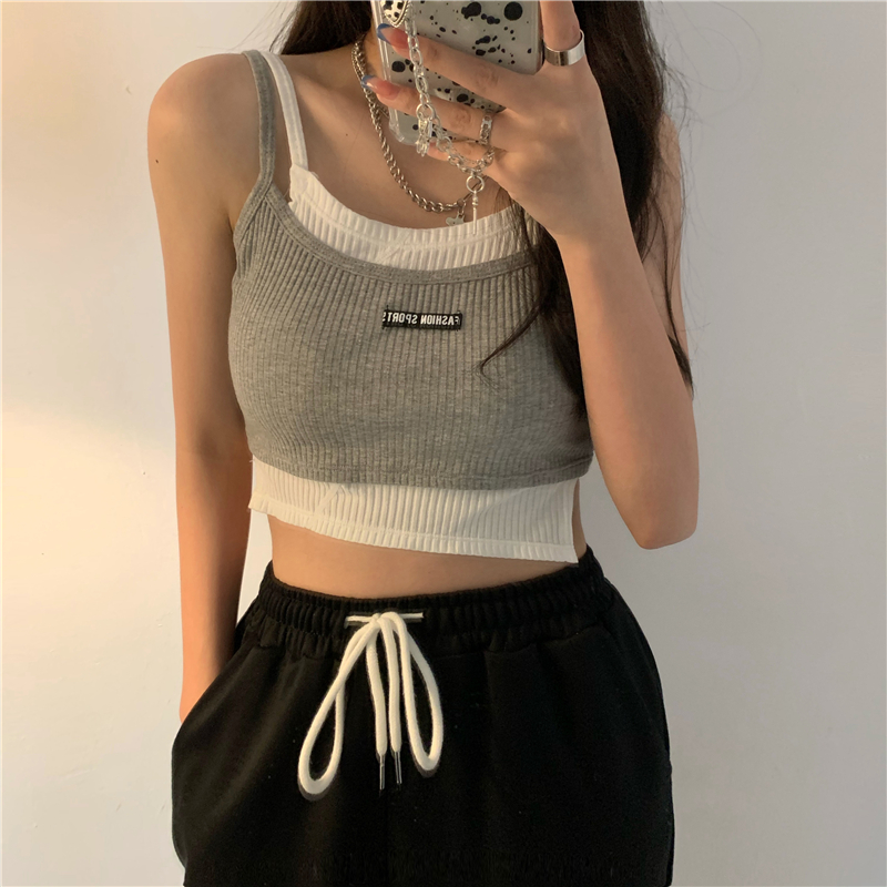 2022 new summer clothes slim and fake two-piece set short style inside and outside wear superimposed vest