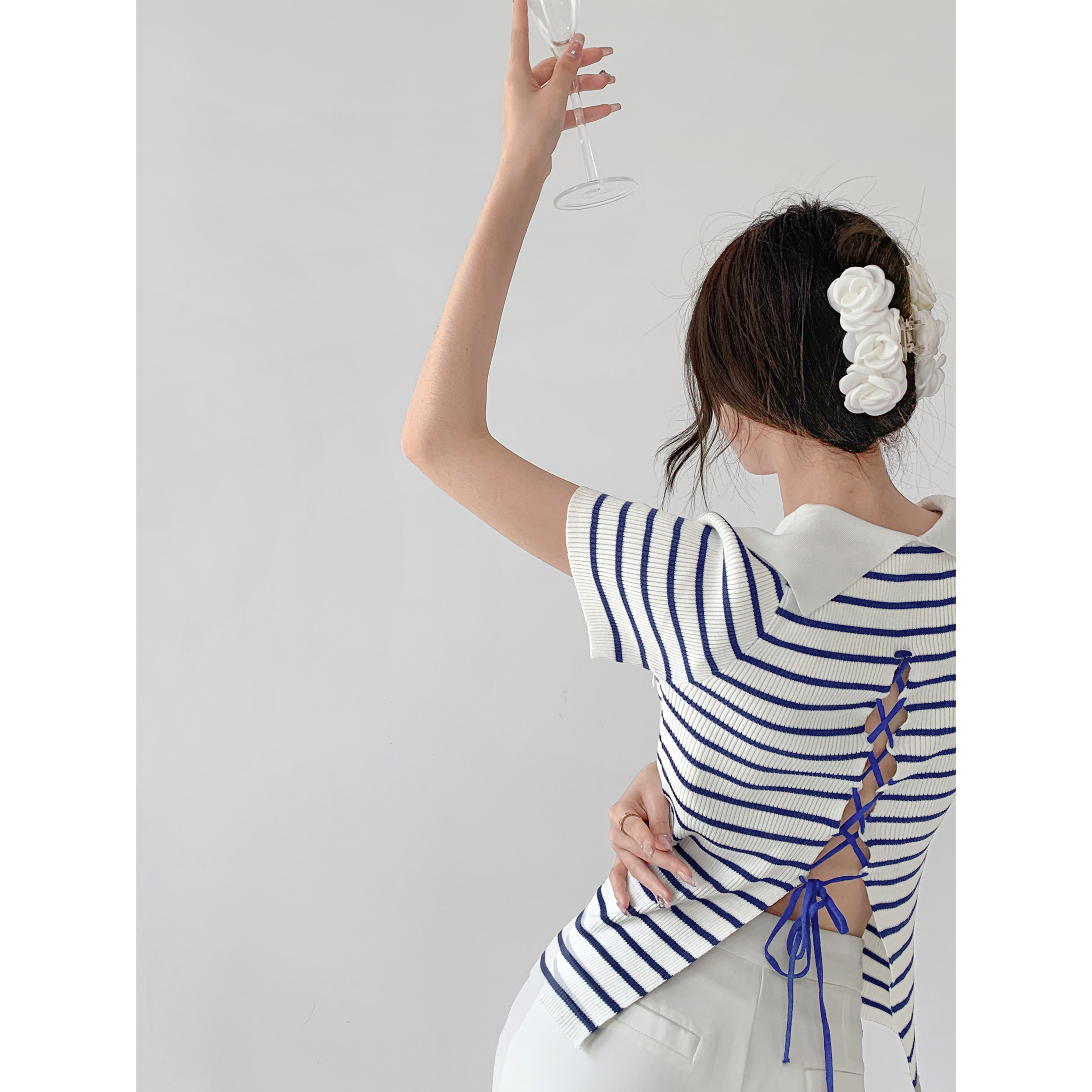 Sunset sweetheart sea breeze blue Lapel short sleeve sweater women's summer stripe bandage slim back ice top