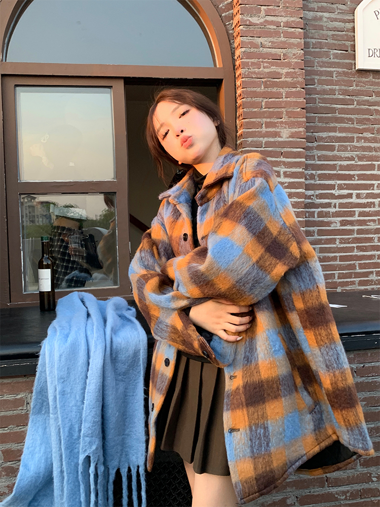 Real shooting real price winter and Korean sunset atmosphere contrast color woolen plaid warm quilted jacket