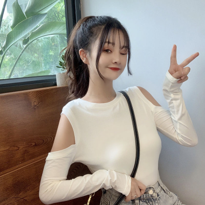 Long sleeve T-shirt women's off shoulder slim bottomed shirt autumn solid college style