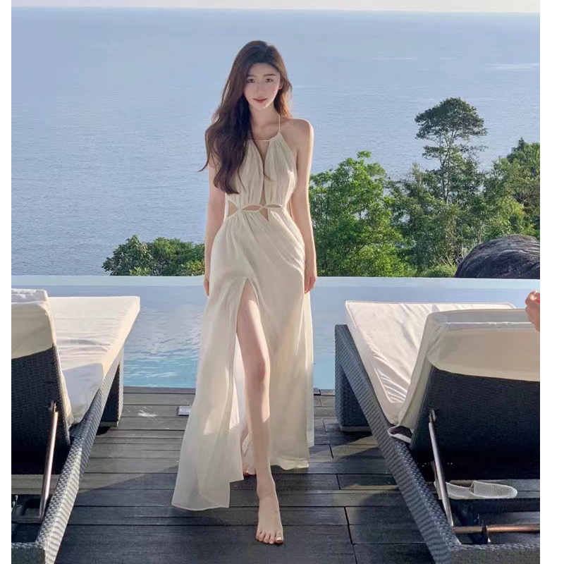 Thailand Sanya Tourism Photography Beach Skirt Beach Holiday Dress Pure Sexy Hollow White Strap Dress