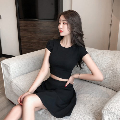 2020 summer new all-around Korean retro girls sports high waist round neck basic short T-Shirt Top