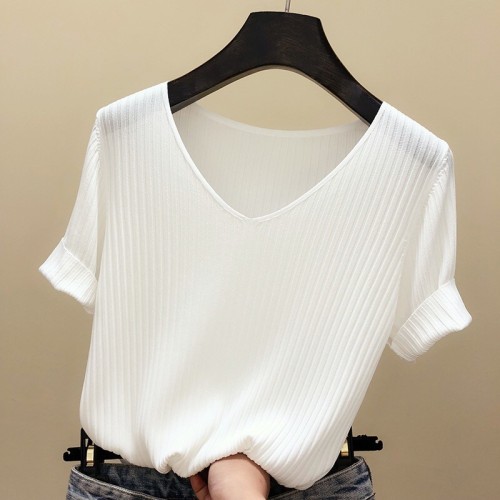 Summer new Korean collar loose thin air hole stripe ice silk knitted women's solid color short sleeve T-shirt