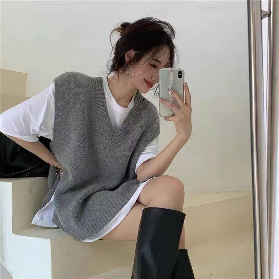 Knitted vest vest female autumn winter large fat mm loose thin medium long V-Neck Sweater Vest coat