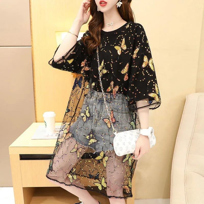 Official photo fake two large short sleeved T-shirts, women's ins2022 new net red medium and long net yarn design top