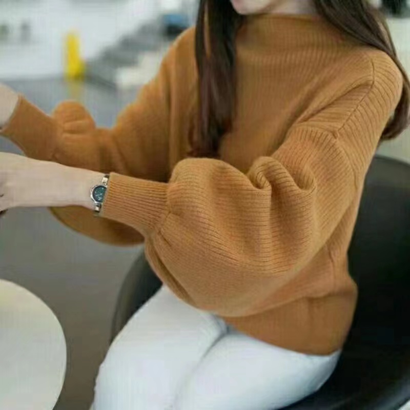 Sweater women's 2022 autumn and winter new Korean version half-high collar bottoming sweater loose pullover lantern sleeve bat shirt