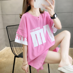 Real shot summer Korean loose cotton round neck print top medium length large women's Short Sleeve T-Shirt