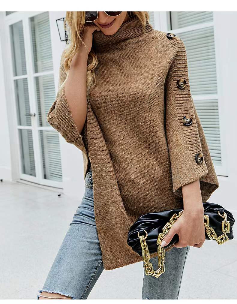 Amazon 2022 autumn and winter European and American foreign trade shawl cape sweater solid color high neck cross-border sweater jacket female