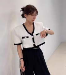 South Korea 22 summer style button contrast color V-neck small fragrance short sleeved jacket cardigan short short short stature jacket