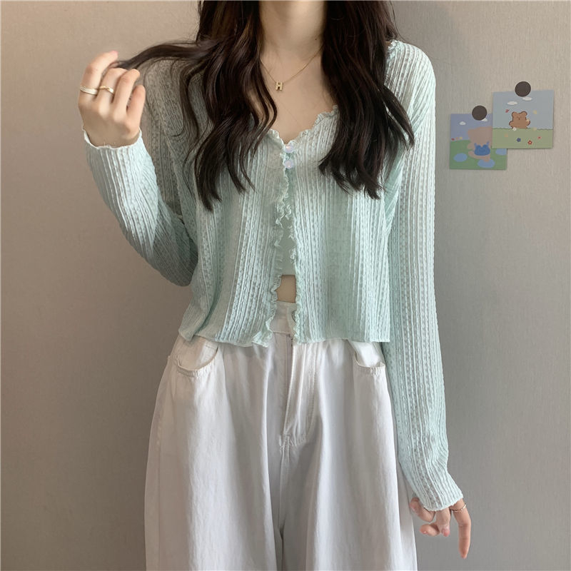 Lace lace thin long-sleeved sunscreen shirt women's summer 2022 new V-neck short long-sleeved shirt ins