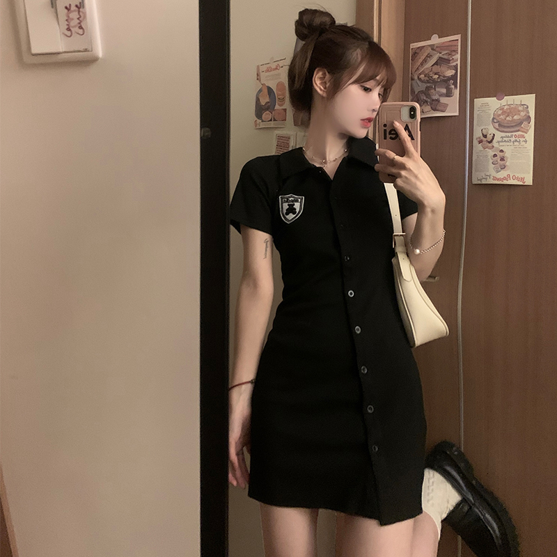 Polo collar dress women's summer sweet and spicy girl style slim fit design sense of minority bear short sleeve Hip Wrap Skirt