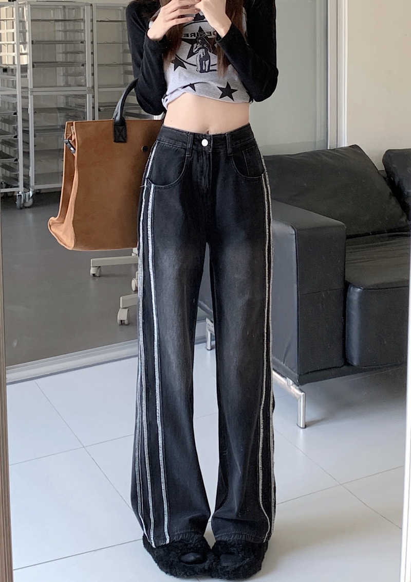 Real shot real price#loose straight jeans women's design sense striped wide-leg mopping pants