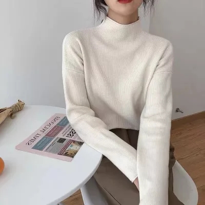 Half turtleneck bottoming shirt women's autumn and winter thickened white sweater loose all-match stacked cashmere knitted sweater top