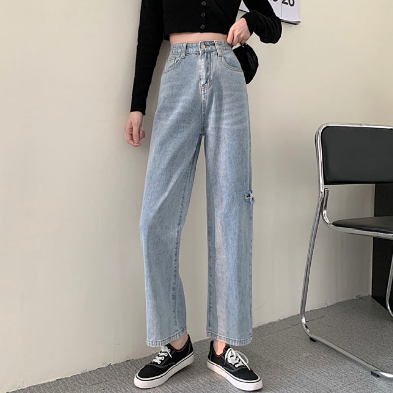 High waist and thin straight pants, loose wide leg pants, perforated jeans, female student trend