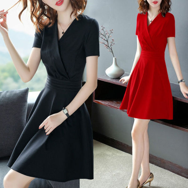 Black dress small black dress 2020 new women's summer V-neck short sleeve medium length thin temperament skirt