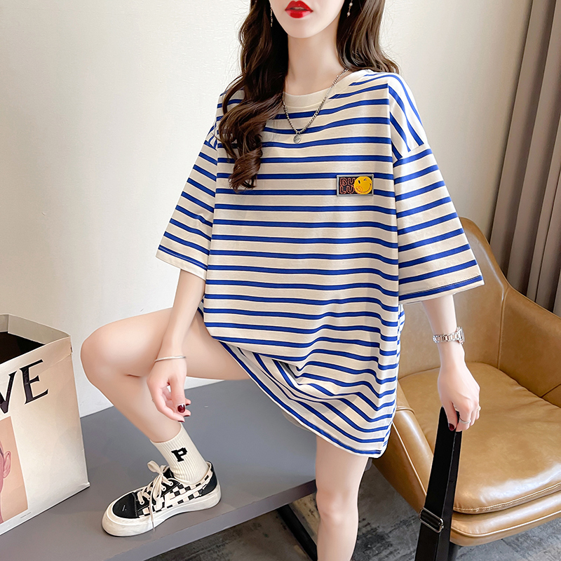 Real photo pure cotton stripe loose cartoon embroidery short sleeve T-shirt women 2022 new summer design top