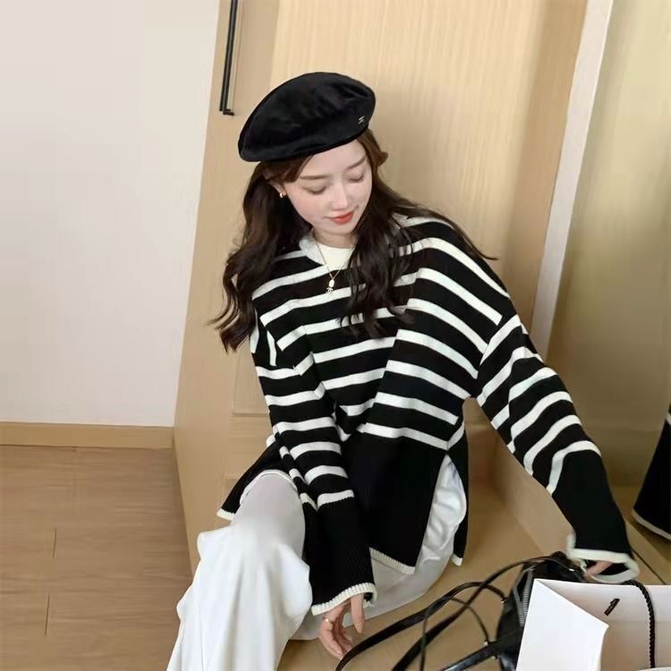 2021 new summer and autumn striped contrast color sweater women lazy loose side split sweater coat women