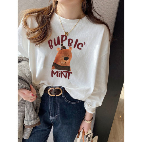 Official picture net price 200g rear bag early autumn new cotton all-match cartoon printing long-sleeved T-shirt women