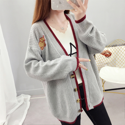 Actual shooting of autumn new Korean V-neck college style lazy style knitted cardigan women's loose short sweater coat fashion