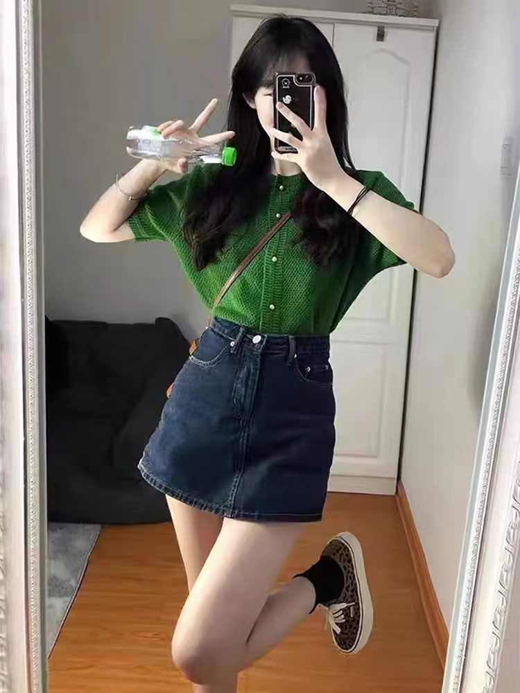 Pear-shaped figure high waist denim skirt women's summer plus size fat mm loose and thin cover hip bag buttocks a-line skirt