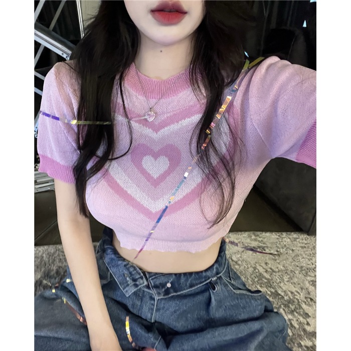 Pphome neon sweetheart ~ summer retro Spice Girl American pure color contrast love short sleeved sweater top female