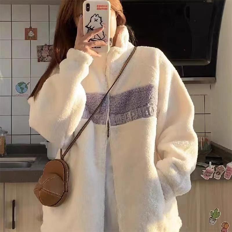 Color-block imitation lamb wool sweater women's plus velvet thick autumn and winter lazy warm woolly cotton coat loose ins tide