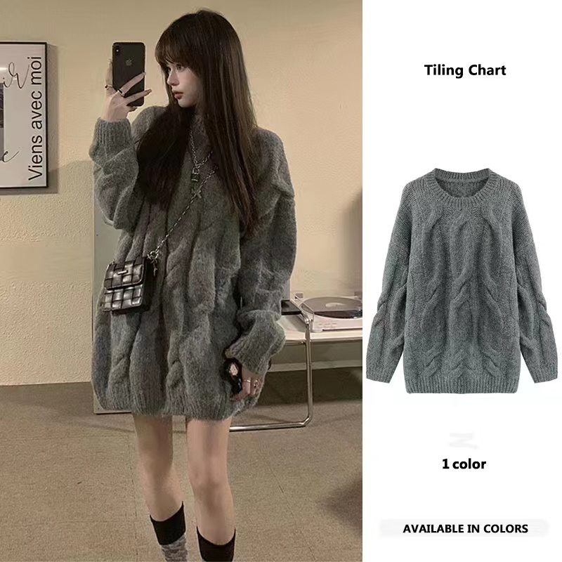 Thick line hemp flower mid-length sweater for women autumn and winter new 2022 Korean style soft waxy lazy style niche thickened top