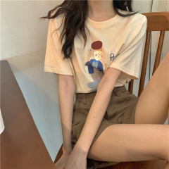Short sleeve apricot women's Retro Fun print half sleeve summer loose Korean girls' top fashion
