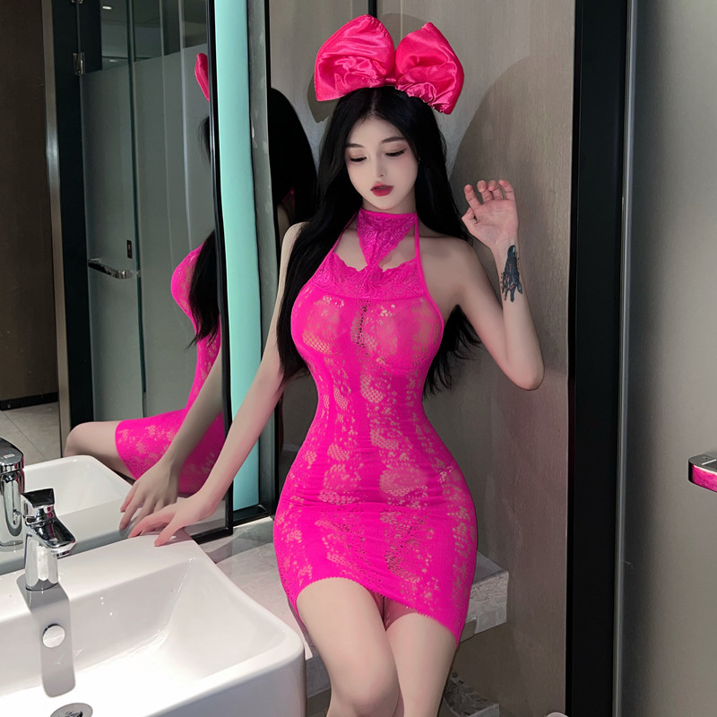 Real shot~ Sexy hollow high-neck sleeveless temptation tight-fitting hip mini dress female