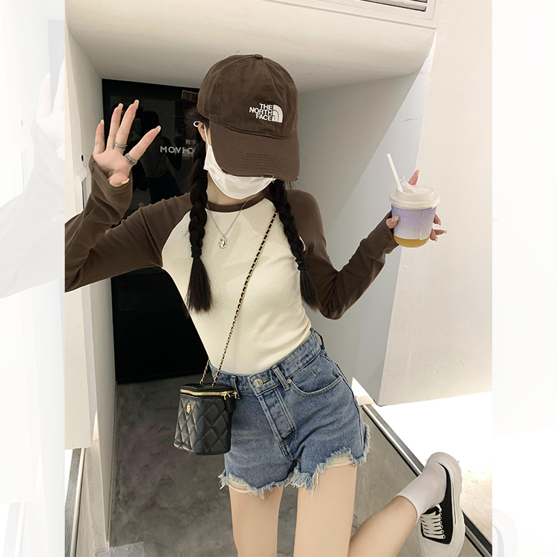 Raglan stitching long-sleeved t-shirt women's 2022 autumn new slim fit and thin bottoming shirt American style contrast color retro top