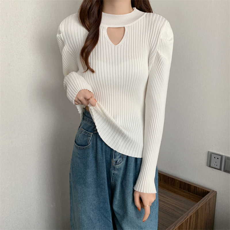 Real shooting and real price design sense hollow half high collar bubble sleeve sweater slim fitting long sleeve bottoming shirt