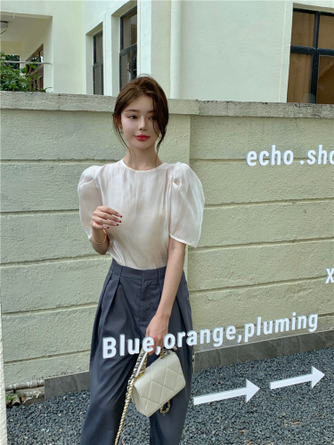 Real shot real price glossy bubble sleeve shirt + leg length Retro High Waist casual suit pants