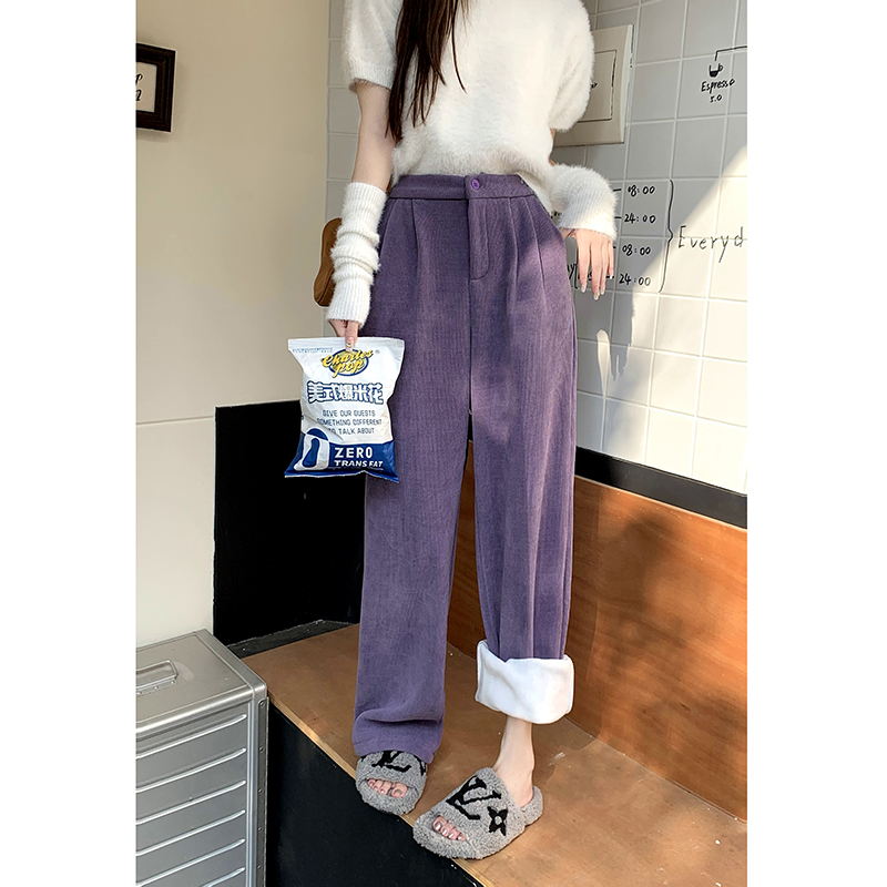 Real shot 2022 winter new style plus velvet thick warm color high waist all-match elastic waist suit pants women