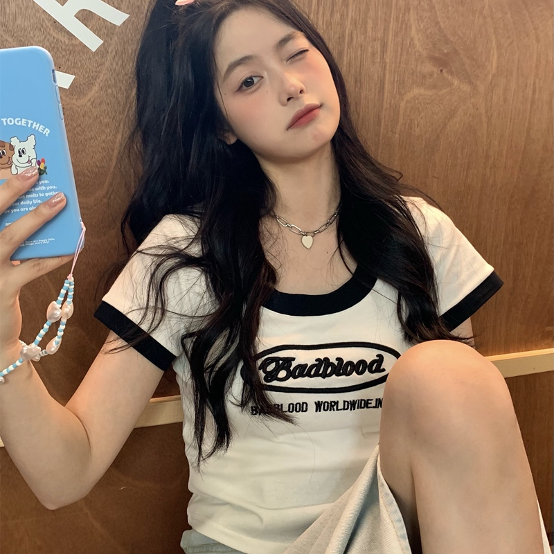 Korean version of the fashion summer new cotton short-sleeved t-shirt women's contrast letter printing slim short top women