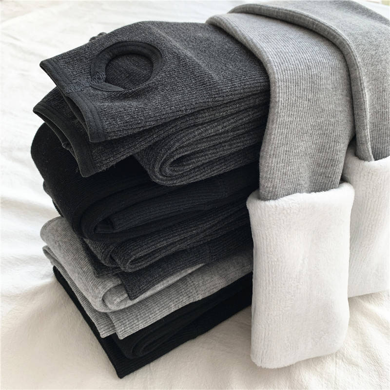 Real shooting undiminished leggings women's autumn and winter plus velvet thickened warm outer wear thread vertical stripes thin pantyhose