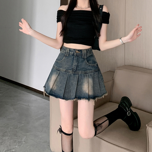 Retro distressed raw edge denim skirt for women new hot girl pleated skirt high waist a-line skirt