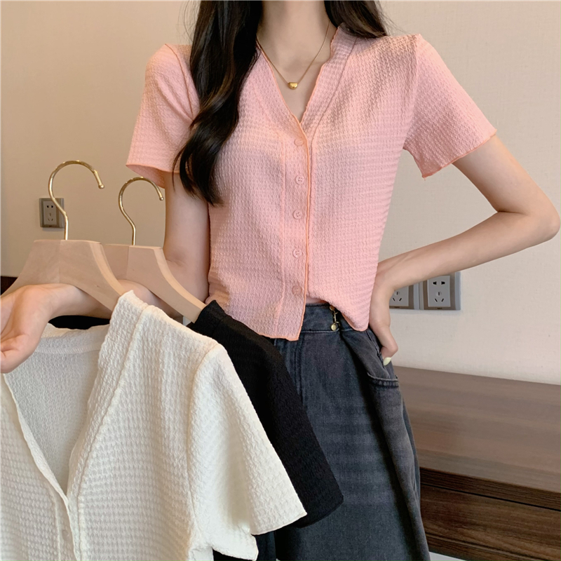 Real price real price summer new design chic v-neck pleated short-sleeved small cardigan top blouse jacket