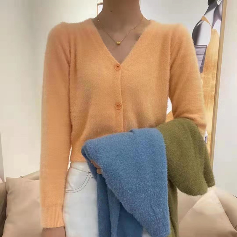 Autumn and winter new Korean temperament V-neck imitation mink high waist long sleeve short cardigan sweater coat women's fashion