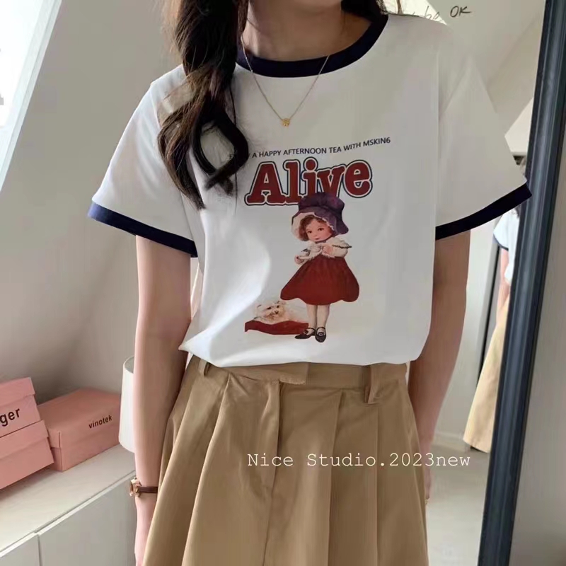 Pure cotton pull-up color insert short-sleeved color-blocked printed loose short-sleeved T-shirt for women