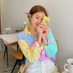 Spring new candy color contrast vertical stripe fashion Korean shirt loose drape female long sleeve shirt