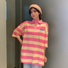 Real photo summer new school Stripe Print loose large medium long short sleeve T-shirt for women