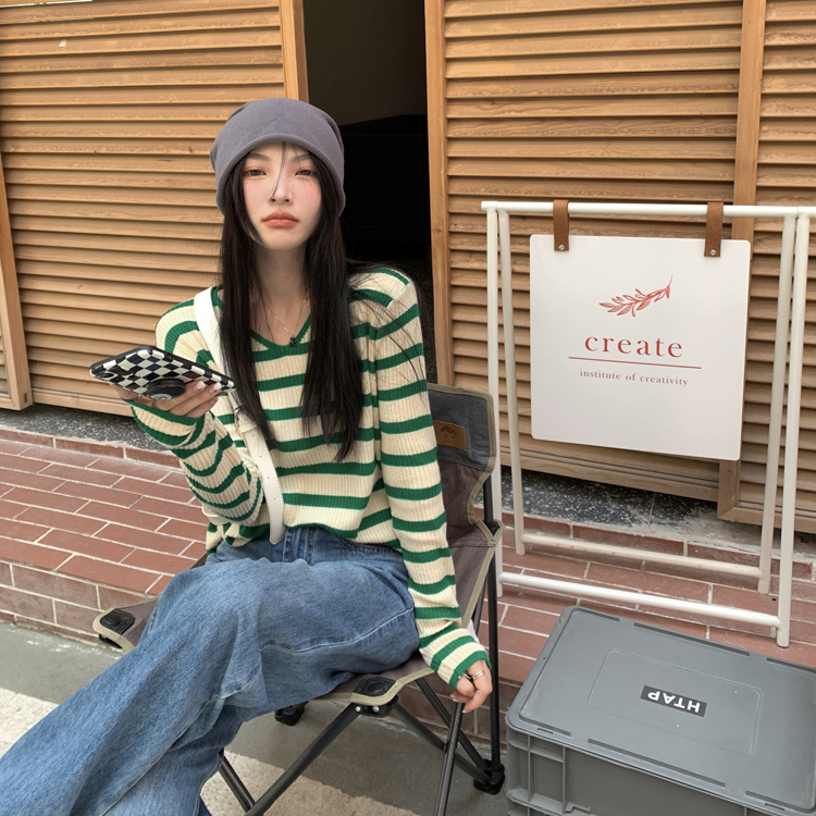 V-neck striped knitted sweater women's western style inner summer 2022 new bottoming shirt design sense niche long-sleeved top