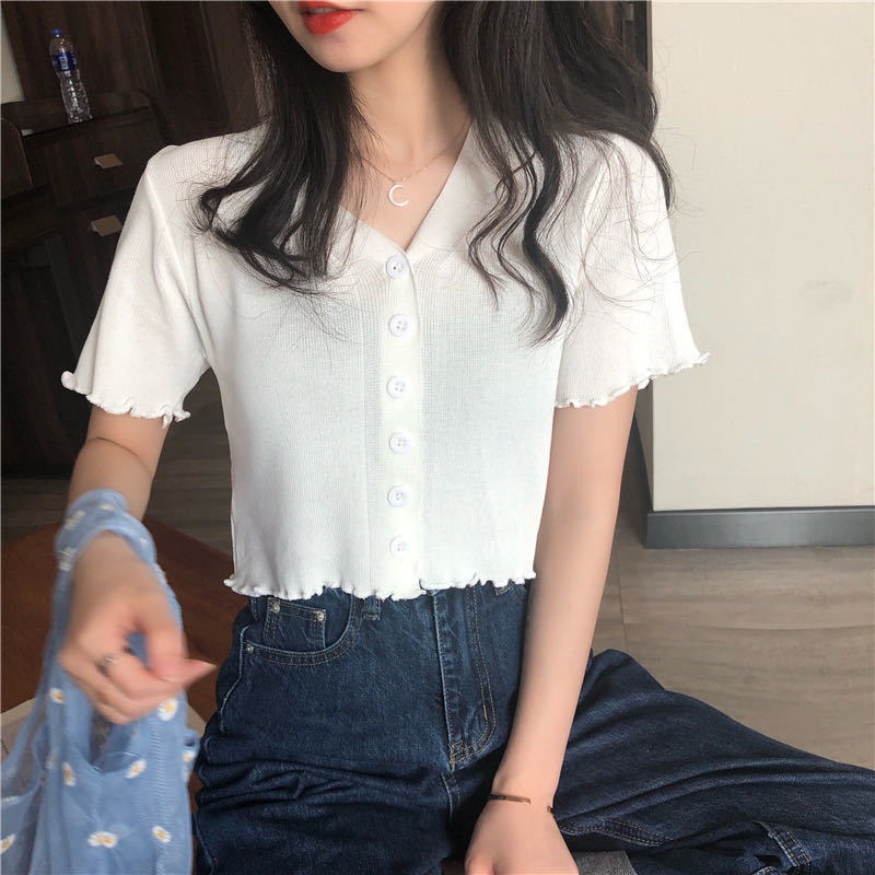 BM style short top women's Summer Black knitted cardigan 2022 new design V-neck slim fit short sleeve T-shirt fashion