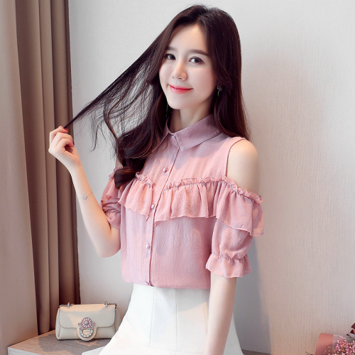 Leaky shoulder chiffon blouse women's short sleeve summer super immortal Korean version loose air small shirt with ruffle edge off shoulder top trend