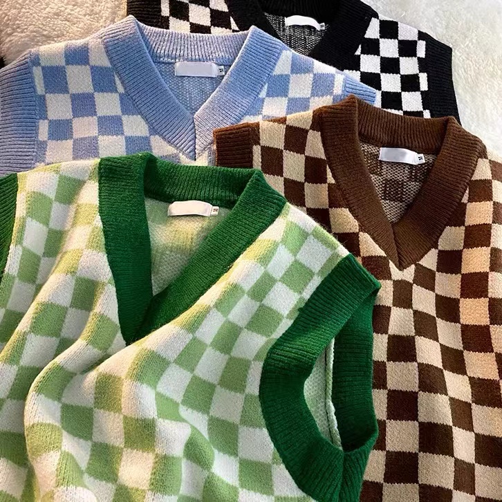New Vest Vest Knit Ladies Checkerboard V-Neck Top Lazy Wind Outer Spring and Autumn Sweater Jacket