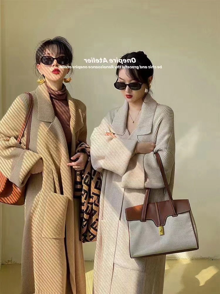 Blue lapel long sweater women's autumn and winter lazy high-end warm soft waxy loose knitted cardigan jacket spring and autumn