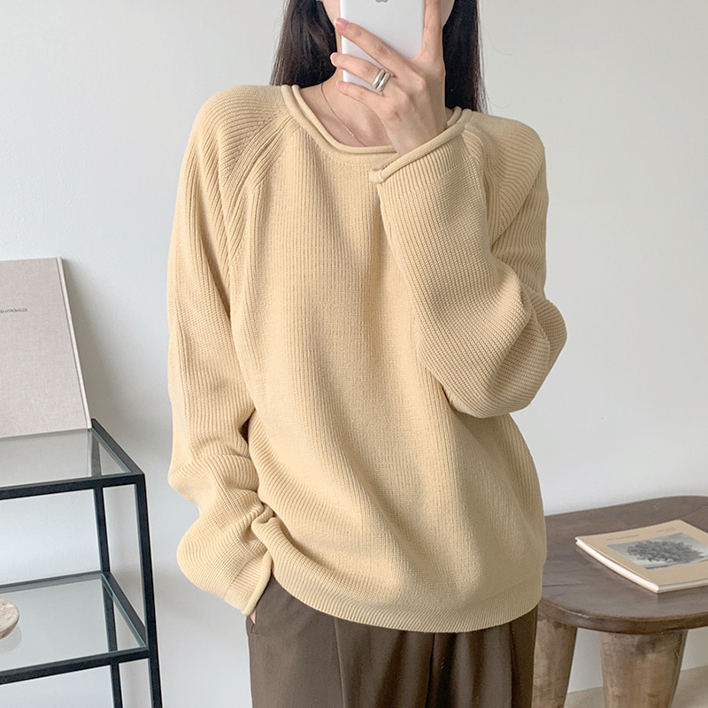 Winter Korean version new crimped round neck Pullover medium long off shoulder thickened solid color sweater sweater