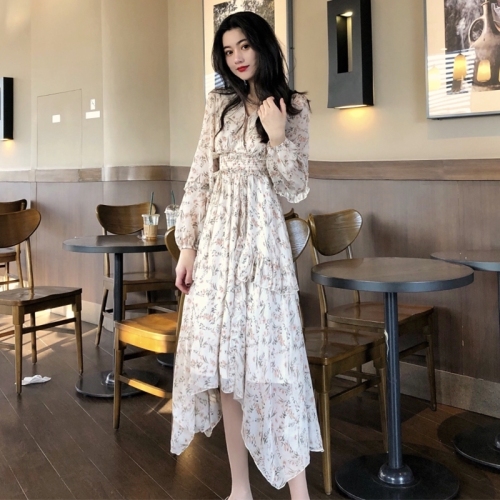 Fairy Floral Chiffon long sleeved dress spring new long high waisted skirt