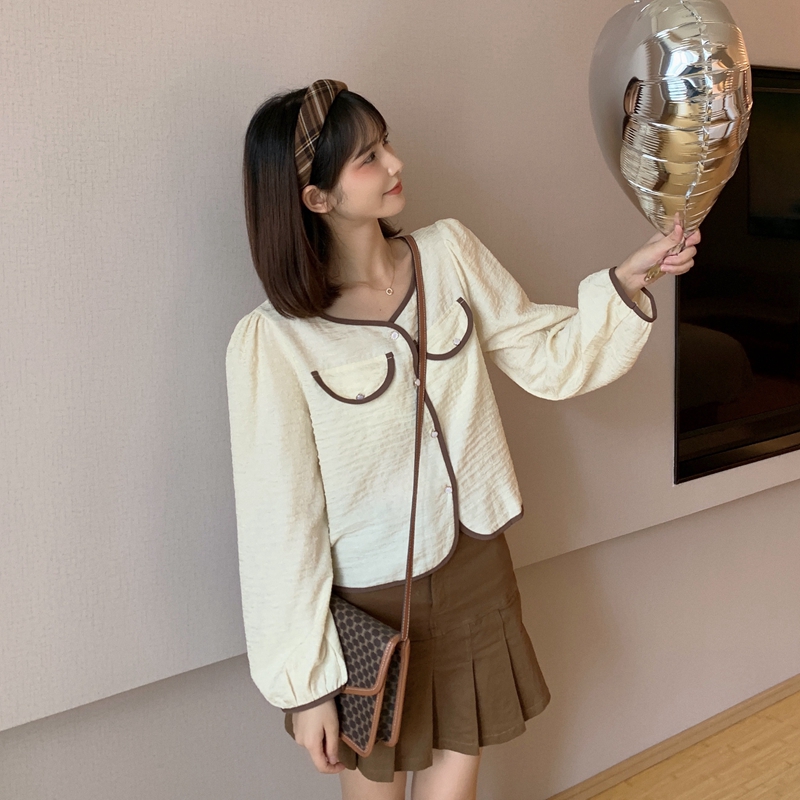 Real shot spring new large size women's clothing fat MM French niche design sense contrast color shirt top M-4XL200 catties